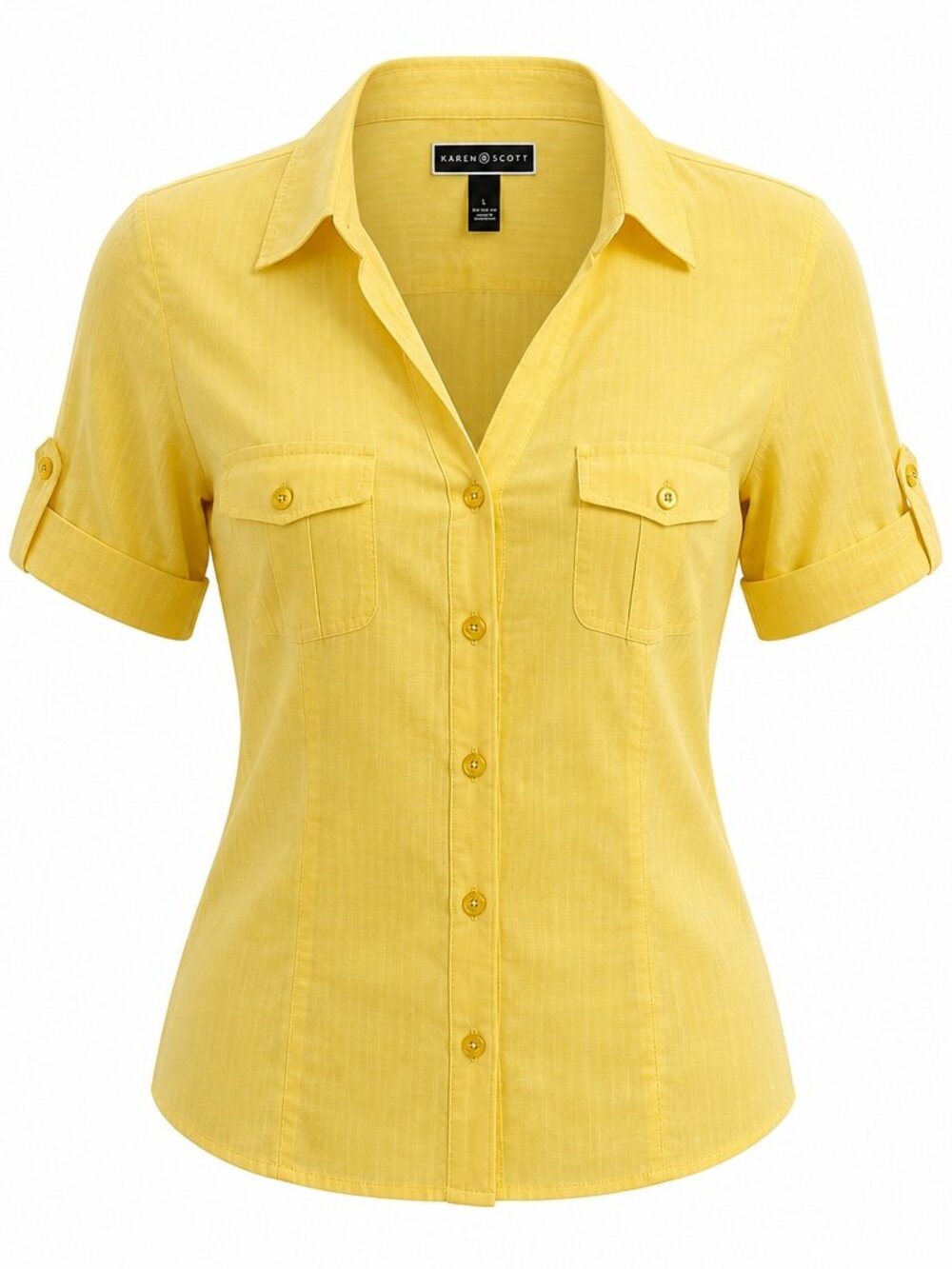 NWT KAREN SCOTT, Women's Short-Sleeve Yellow Button-Down Blouse, Size L